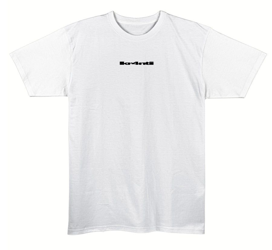 White B4SIC FITTED TEE with a small black kr4nti logo across the chest
