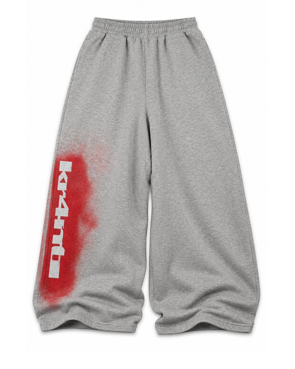 Grey baggy SPRAY-PAINT STENCIL SWEATS with a red spray-painted kr4nti stencil down the left leg